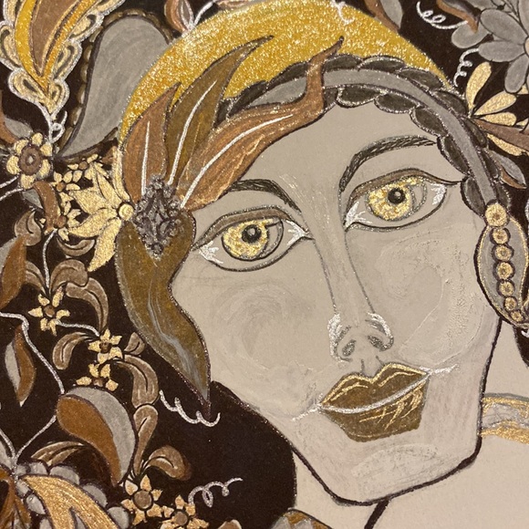 Unframed Original Art Drawing Illustration Metallic Flapper Portrait - Picture 5 of 5